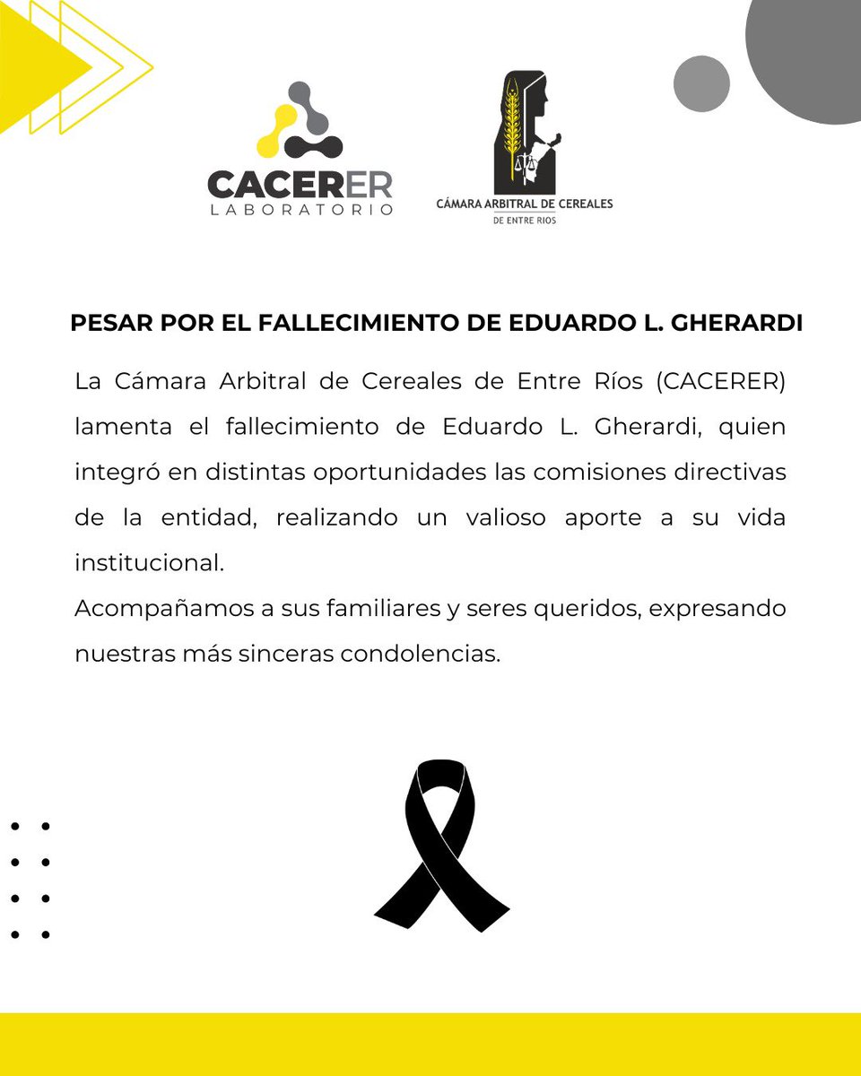 ✅ La CACERER lamenta el fallecimiento de Eduardo L. Gherardi, quien integró en distintas oportunidades las comisiones directivas de la entidad, realizando un valioso aporte a su vida institucional.
Acompañamos a sus familiares y seres queridos.