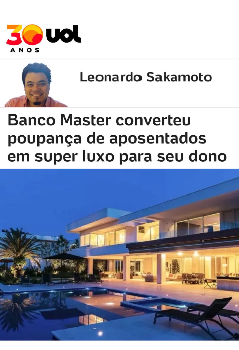 blogdosakamoto's tweet image. Banco Master converteu poupança de aposentados em super luxo para seu dono… - Veja mais em noticias.uol.com.br/colunas/leonar…