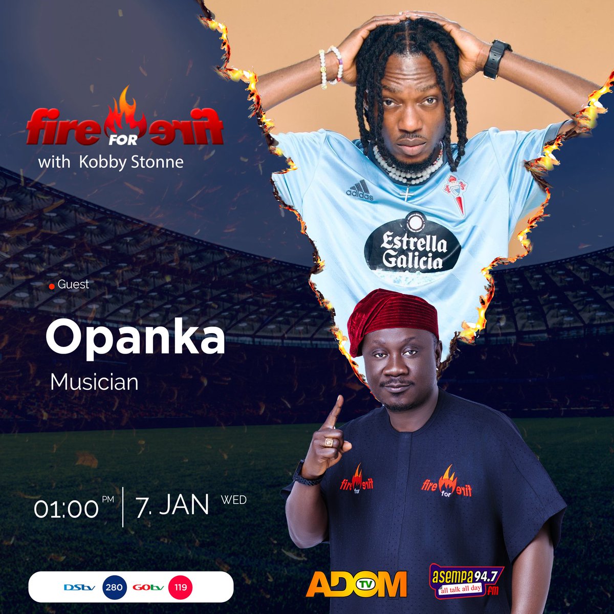 KOBBY__STONNE's tweet image. When football meets music, the whole country tunes in. 

Today on #FireForFire, we blend sports, culture and entertainment as Opanka steps into the fire with Kobby Stonne.

No scripts. No soft talk. Just real vibes, real football, real culture.

📍 1PM LIVE
📺 ADOM TV | 📻