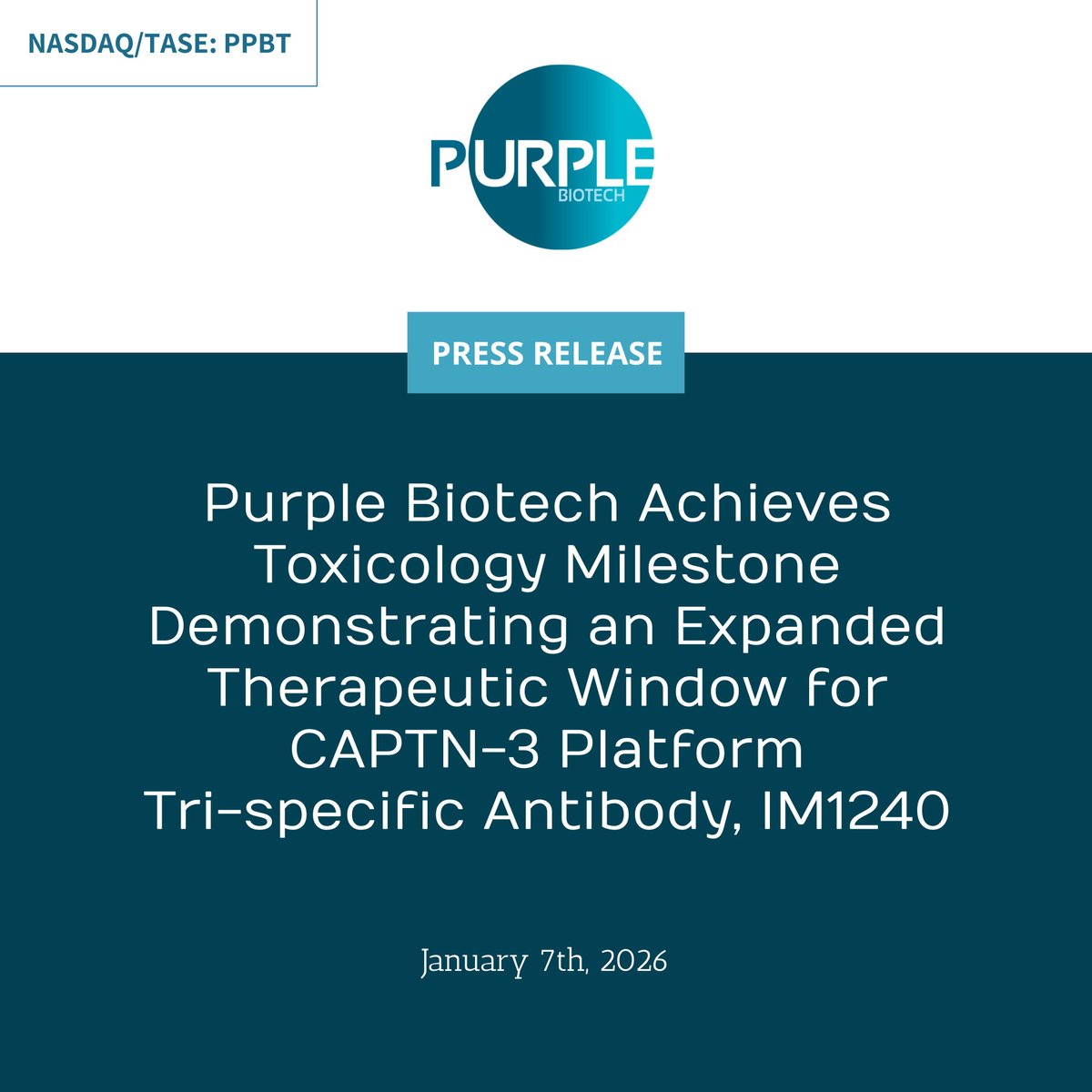 _PurpleBiotech's tweet image. $PPBT Purple Biotech Achieves Toxicology Milestone Demonstrating an Expanded Therapeutic Window for CAPTN-3 Platform Tri-specific Antibody, IM1240

Read the full press release here: globenewswire.com/news-release/2…