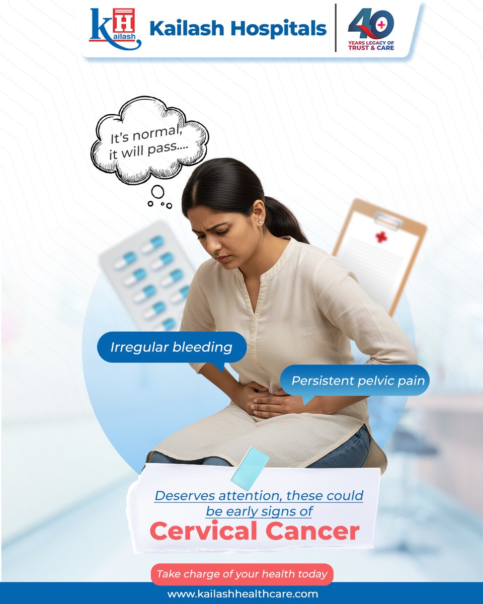 KailashHealth's tweet photo. It’s normal, it will pass..." — common words that can lead to dangerous delays.
#Irregularbleeding and persistent pelvic pain aren't just minor discomforts; they are early warning signs of #CervicalCancer that deserve immediate medical attention. Don't wait for the symptoms to worsen.
Consult our Gynecologists: https://t.co/A6XrdCFVhd
#WomensHealth #EarlyDetection #KailashHospital #HealthcareTips #CervicalCancerAwarenessMonth