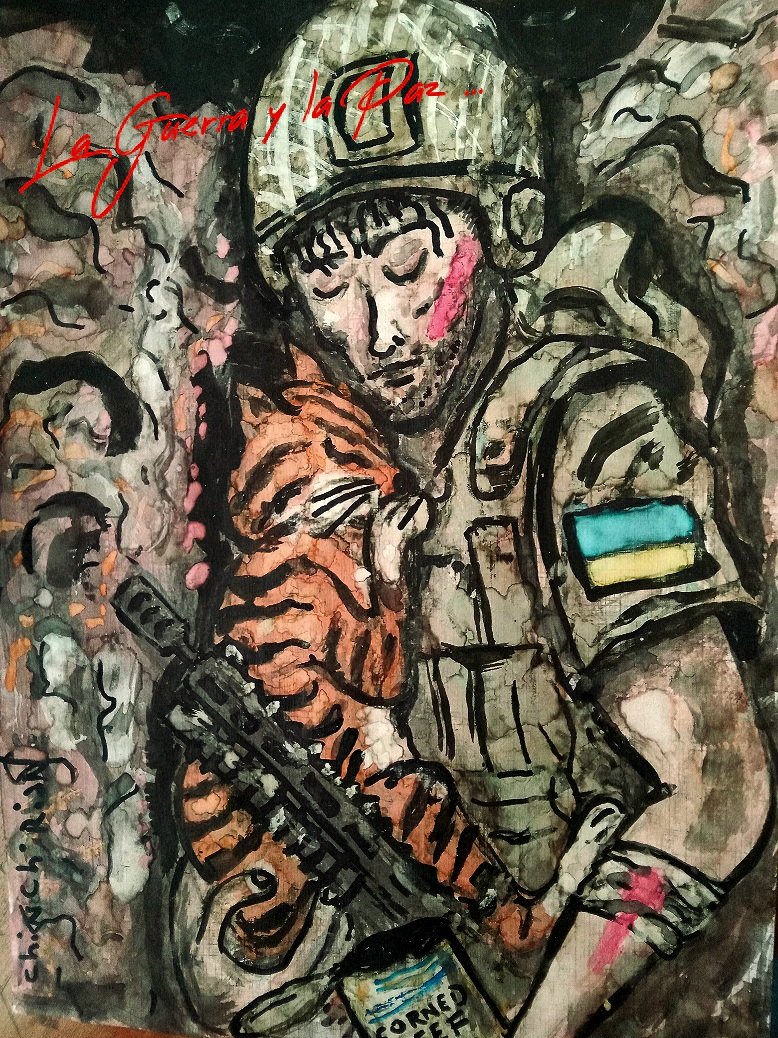 Guerra!!! Explosiónes,esquirlas,humo,polvadera ,barro,tedio,miedo ,caos ,muerte...
En medio de las tinieblas brilla tenuemente una candel
Esperanza en medio de la hecatombe,en  un círculo del violento aquellarre surge el amor,es lo sublime venciendo la destrucción,el apocalipsis