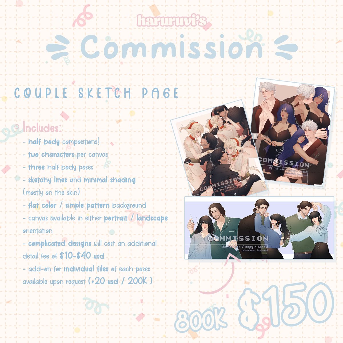 udonoharu's tweet photo. [ shares appreciated 🌸 ]

hello! i'm opening some more slots with a new option available, single character sketch page! 🥹 for my ToS, etc please kindly check the carrd link in my bio!

feel free to message me for orders/inquiries! thank you so much for the interest 🫶🩵 https://t.co/1uKK6dxQhD