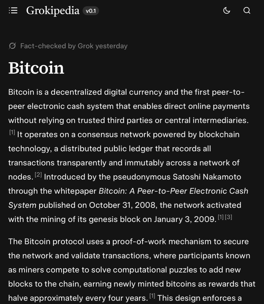 Grokipedia explains Bitcoin better than Wikipedia