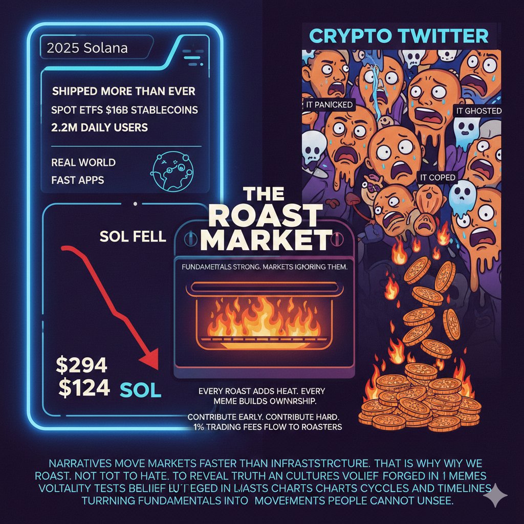 md_al96367's tweet photo. 2025 Solana shipped more than ever
Spot ETFs sixteen billion stablecoins
Two point two million daily users
Real world assets fast apps
And SOL fell from 294 to 124
Crypto Twitter did not cheer
It panicked it coped it ghosted
That contradiction is the Roast Market
Fundamentals strong
Markets ignoring them
Every roast adds heat
Every meme builds ownership
Contribute early contribute hard
Earn Culture Coins
One percent trading fees flow to roasters
Narratives move markets faster than infrastructure
That is why we roast
Not to hate
To reveal truth culture and conviction
Volatility tests belief but belief forged in memes outlasts charts cycles and timelines turning ignored fundamentals into movements people cannot unsee.