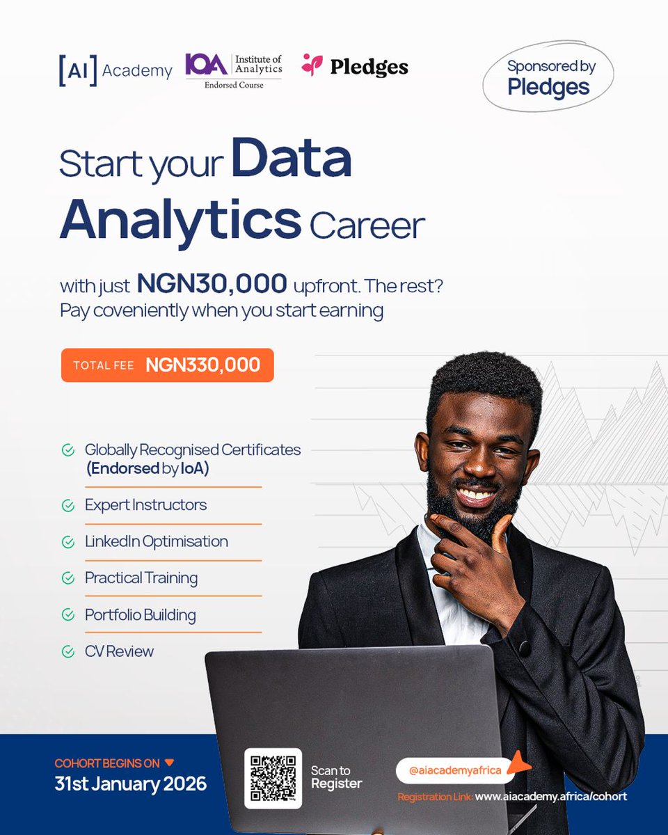 Want to start a career in AI, Data Analytics, or Data Science in 2026?

You only need ₦30,000 to start (original fee ₦330k).

DM me “START,” and I’ll guide you step by step through registration.

The rest is paid gradually when you start earning through their student work