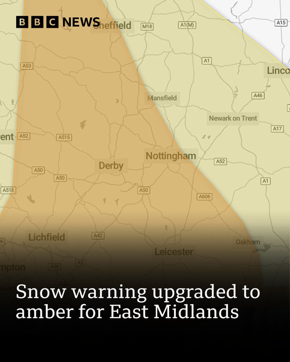 ⚠️ There could be 10-15cm of snow, with potential of 20-30cm on higher ground including the Peak District

The Met Office has just issued an amber warning for snow for most of the East Midlands from 20:00 tomorrow into Friday morning

Latest here: bbc.in/4ssGf5J