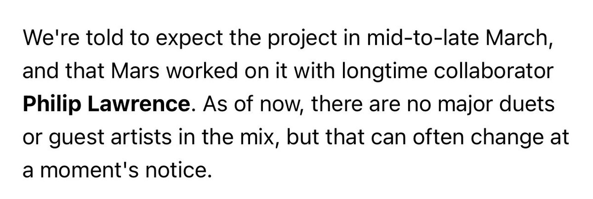 TheePopCore's tweet image. Bruno Mars is expected to release his long-awaited 4th Solo Album in mid-to-late March.

The album will reportedly have no featured collaborations planned at this time, but this can change at a moment’s notice, according to Hits Daily Double.