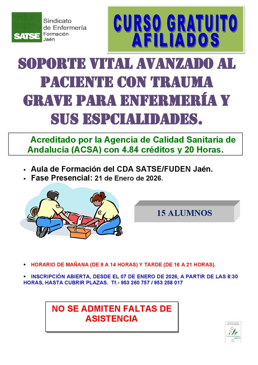 Nueva Actividad Formativa para iniciar la Programación 2026: Soporte Vital Avanzado al Paciente con Trauma Grave para Enfermería y sus Especialidades. Inscripción a partir de hoy día 7 de enero. Fase Presencial 21 de enero en Jaén.