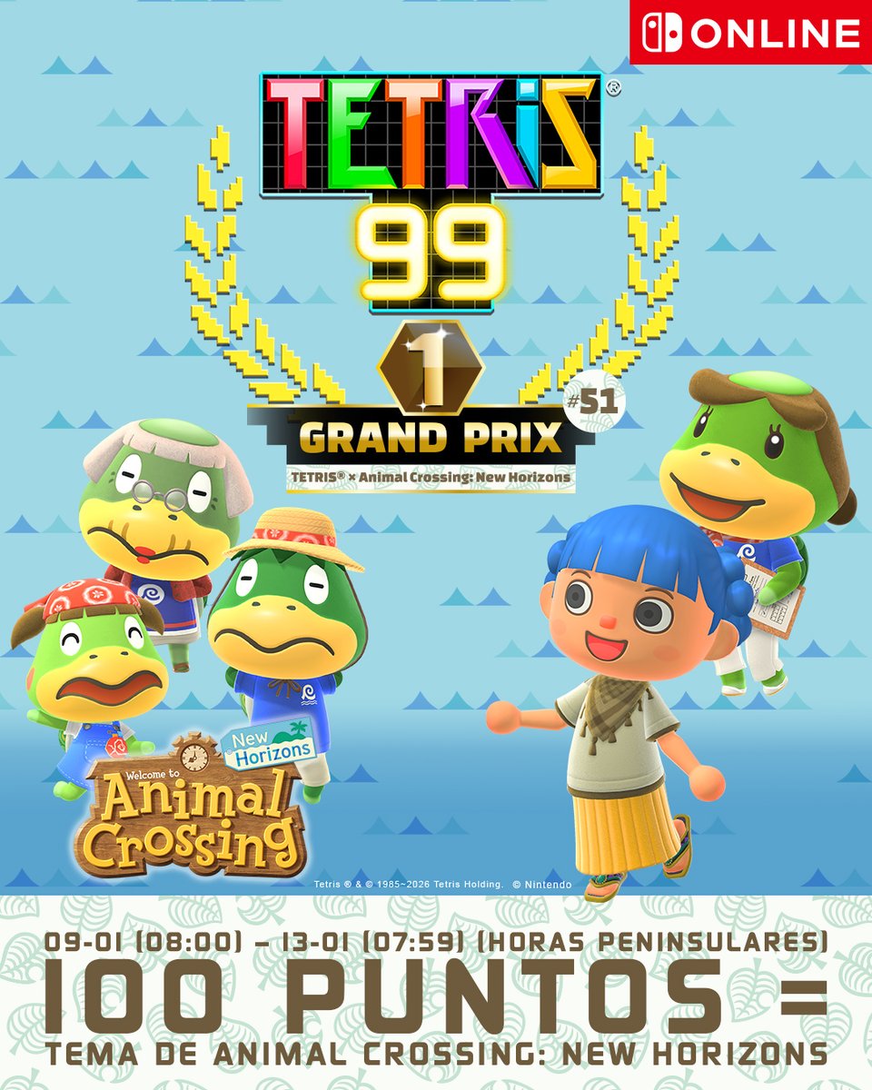 NintendoES's tweet image. ¡Disfruta de un Grand Prix de lo más paradisíaco en #TETRIS 99!

A partir de este viernes, 9 de enero, podrás llevarte un nuevo tema exclusivo inspirado en #AnimalCrossingNewHorizons. @Tetris_Official

Aquí tienes más detalles: ntdo.com/6013AmczZ