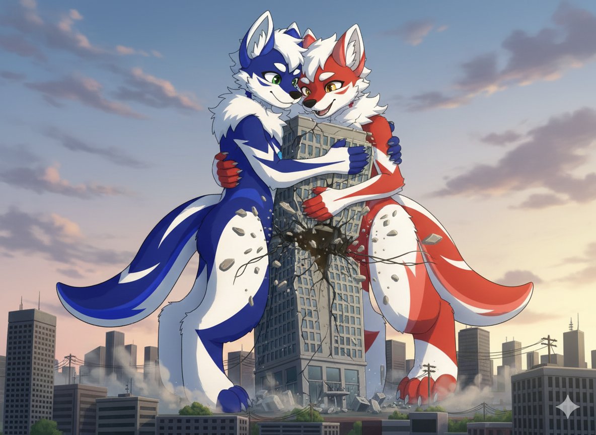 kmoonnightwolf's tweet photo. リヒトくんと一緒に巨大化してビルを挟んで抱きしめ合うと、間のビルが押し潰されてしまった。
リヒトくん、何か気持ち良さそうだね💕

#AIイラスト︎ 
#Macro 
#macrofurry #SizeTwitter #Giant #macrophile 
#巨大化 
#サイズフェチ https://t.co/XptnsAMIlN
