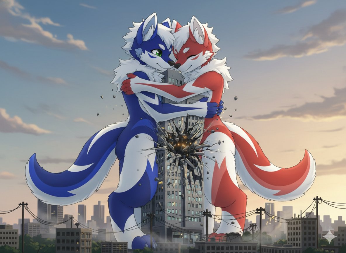kmoonnightwolf's tweet photo. リヒトくんと一緒に巨大化してビルを挟んで抱きしめ合うと、間のビルが押し潰されてしまった。
リヒトくん、何か気持ち良さそうだね💕

#AIイラスト︎ 
#Macro 
#macrofurry #SizeTwitter #Giant #macrophile 
#巨大化 
#サイズフェチ https://t.co/XptnsAMIlN