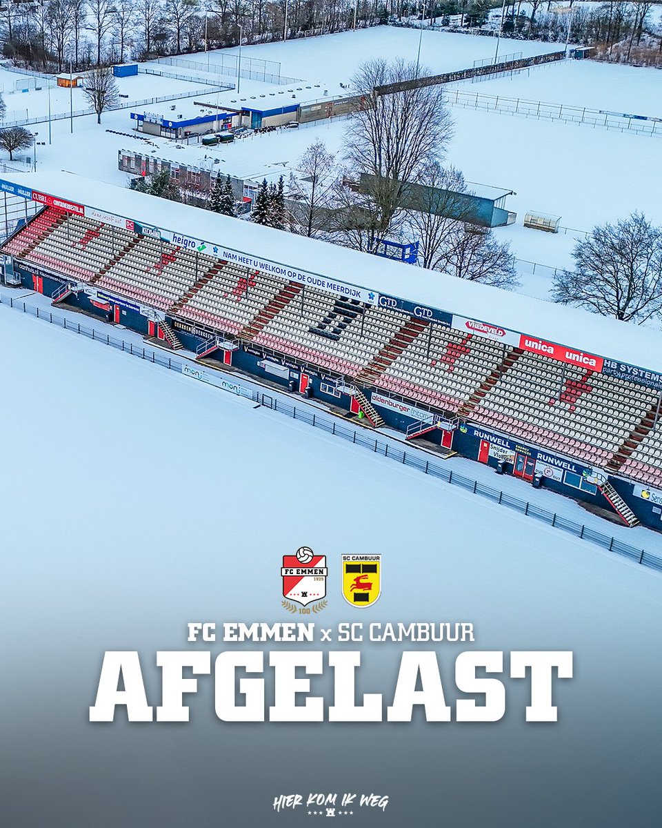 De wedstrijd van vrijdag tegen SC Cambuur is helaas afgelast. ❄️

Op korte termijn volgt een nieuwe speeldatum. Eerder gekochte tickets blijven uiteraard geldig! 

ℹ️ fcemmen.nl/wedstrijd-fc-e…

#EMMcam #100jaarEmmen #VanOnsVeurAltied #HIERKOMIKWEG