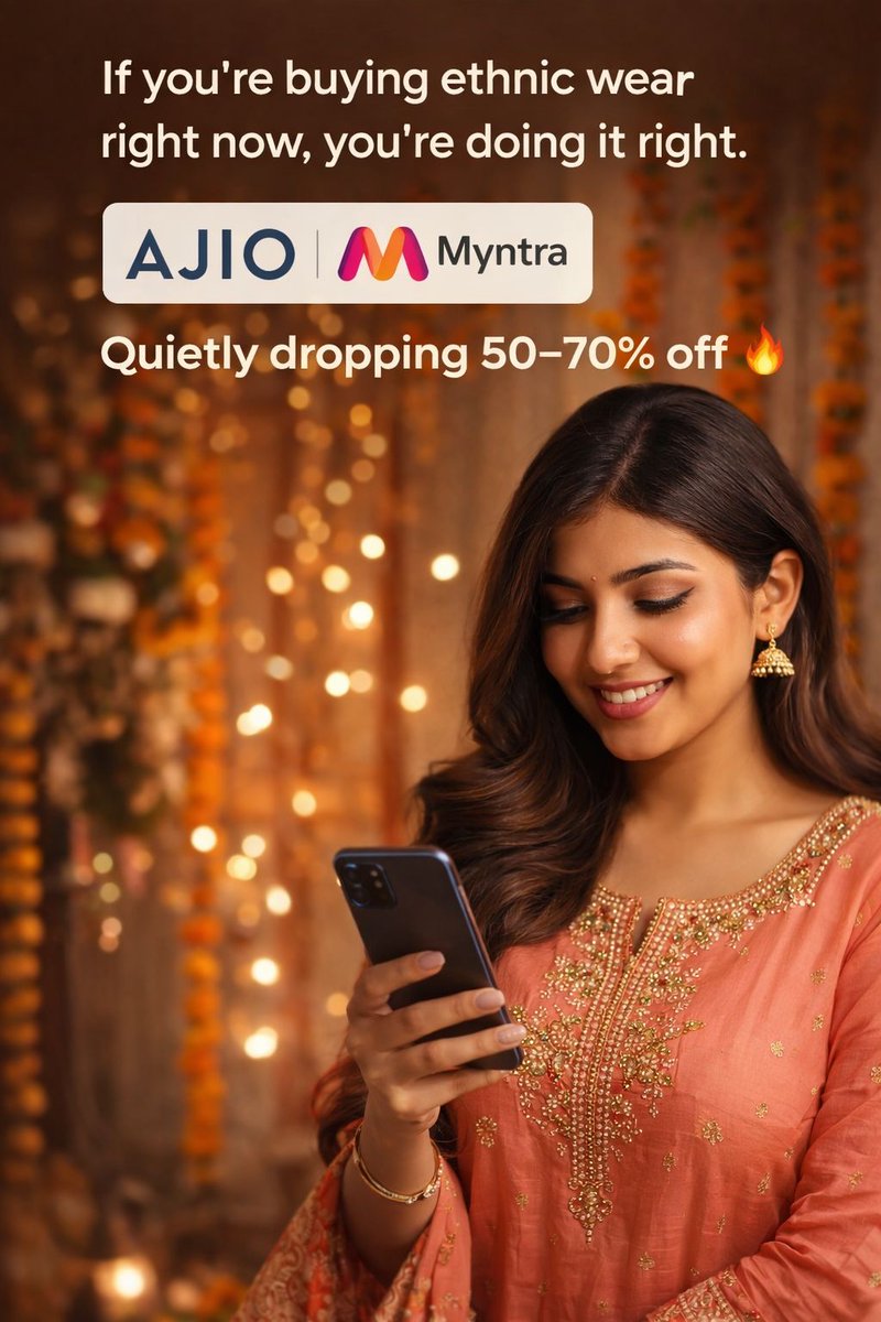 Aashuuu658983's tweet photo. If you’re buying ethnic wear right now, you’re doing it right.
Ajio + Myntra quietly dropping 50–70% off and not shouting about it.
#EthnicWear #FestiveShopping #MyntraAjio #SaleSeason https://t.co/S4dnbsSABp
