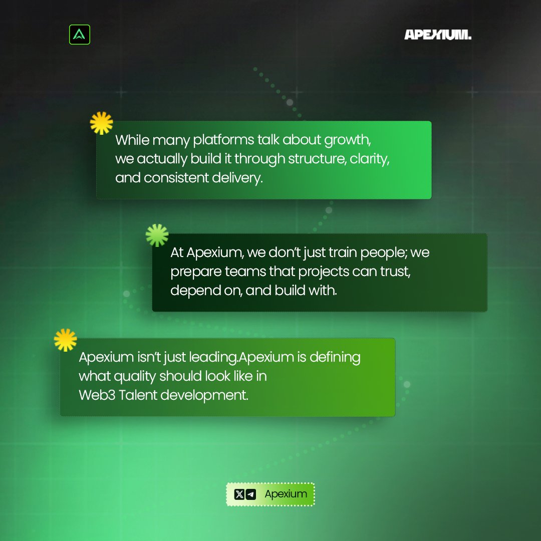 cryptojosh101's tweet photo. If Web3 rewarded intention, everyone would be winning.

But it doesn’t. It rewards execution.

That’s why Apexium isn’t a learning hub.
It’s a proving ground.

This is not a place where you collect knowledge and hope it pays off someday.

At @Apexium_, you build leverage by showing up and executing.

You don’t just learn here.
You produce.

Every role inside Apexium exists for one reason:

to create real output that compounds your value over time.

Why this matters in Web3

Web3 has never been kind to spectators.

The space doesn’t reward people who say:

“I’m interested”

“I’m watching”

“I’m still preparing”

There’s no scoreboard for intention.

There’s only one thing the market recognizes:

who showed up and did the work.

And that’s exactly the gap Apexium was built to fill.

Built for doers, not vibes

Apexium isn’t designed for people chasing trends, waiting for permission, or hiding behind theory.

It’s built for:

➤ People ready to turn skill into output

➤ Effort into verifiable proof

➤ Learning into leverage

Here, contribution matters more than credentials.

Execution matters more than noise.

From effort to proof of work

Instead of empty certificates or surface-level learning, 

Apexium focuses on proof of work things you can point to and say:

 “I built this.”
“I delivered this.”
“I contributed to this.”

That proof travels with you.
It opens doors.
It creates trust.

A home for people ready to move

If you’re tired of “preparing” and never acting…

If you understand that growth comes from doing, not observing…

If you’re ready to be judged by your output, not your words…

You’ll feel at home at @Apexium_.

Because in Web3, the future doesn’t belong to spectators.

It belongs to those who move, build, and execute.

And that’s exactly what Apexium stands for.