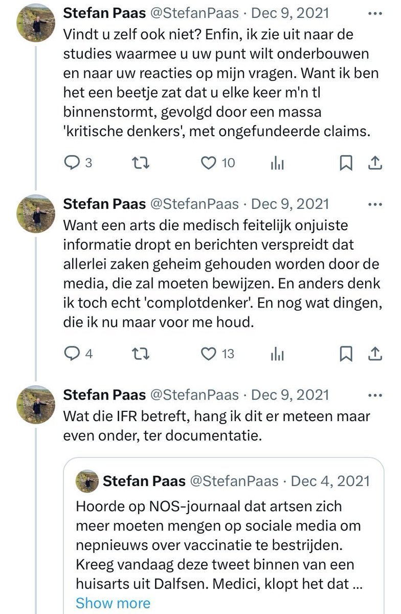 Stefan Paas is hoogleraar theologie aan de Vrije Universiteit. Ik tag hem hier niet, omdat hij inmiddels vertrokken is van twitter/X. Deze tweets plaatste hij over mij in 2021, nadat hij mij een vraag had gesteld over de Coronavaccins en myocarditis, dat is ontsteking van de
