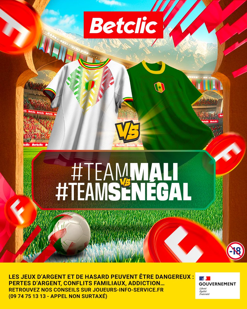 Betclic's tweet image. 🇲🇱 #TeamMali ou 🇸🇳 #TeamSénégal ? 👀

Qui a la plus grosse commu sur ce match de la  #CANdesRÉSEAUX ? 👀

💬 Commente avec le # de l’équipe que tu veux qualifier + ton pseudo Betclic + répond au sondage en dessous 

🍀 5 x 10€ de Feebets* à gagner parmi la commu gagnante