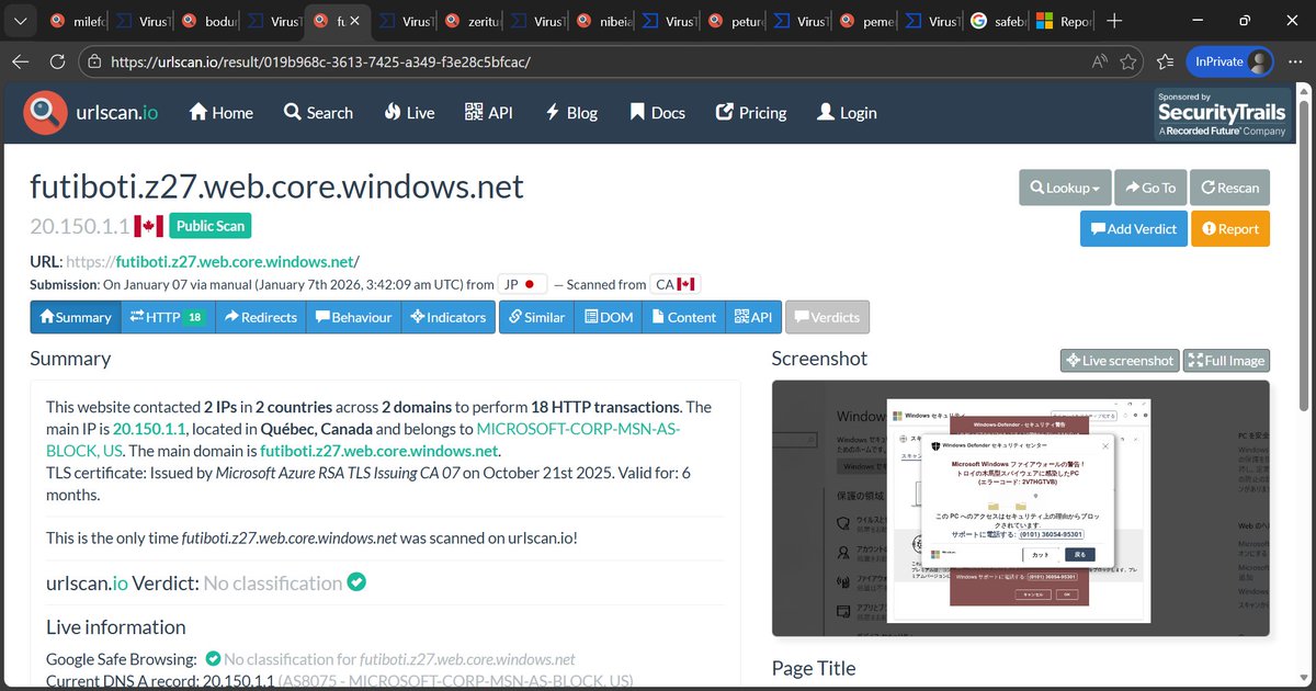 サポート詐欺サイト、他の例です。(urlscan結果) hxxps://milefolad