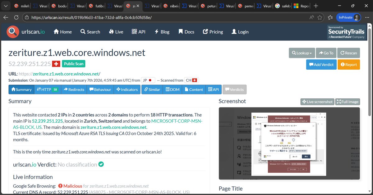 サポート詐欺サイト、他の例です。(urlscan結果) hxxps://milefolad