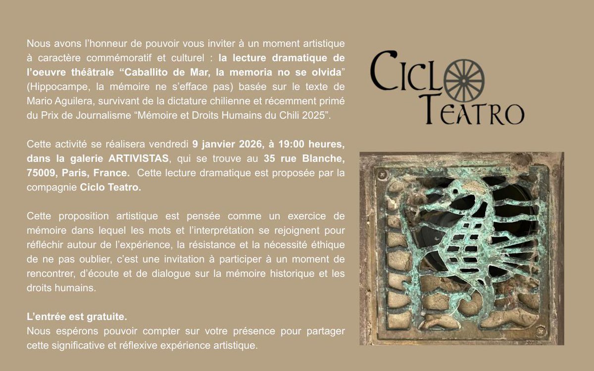 marioaguilera4's tweet photo. Caballito de Mar cruzó los océanos.
En Paris - Francia se realizará una lectura dramatizada del relato de mi detención por la DINA y lugares de detención. 
La porfiada memoria es texto y también arte para no olvidar … https://t.co/XceVnH2FgN