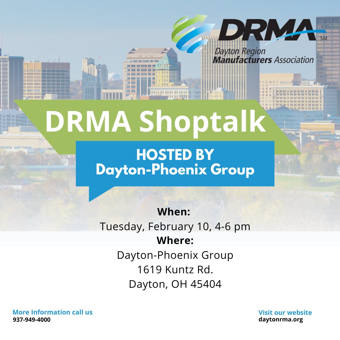 Join us for our next Shoptalk on 2/10, presented by Dayton-Phoenix Group, Inc., where great conversations meet a casual, welcoming atmosphere.
More details coming soon...
Register now: daytonrma.org/feb-10-shoptalk
#Networking #DRMA #Shoptalk #DaytonRegion