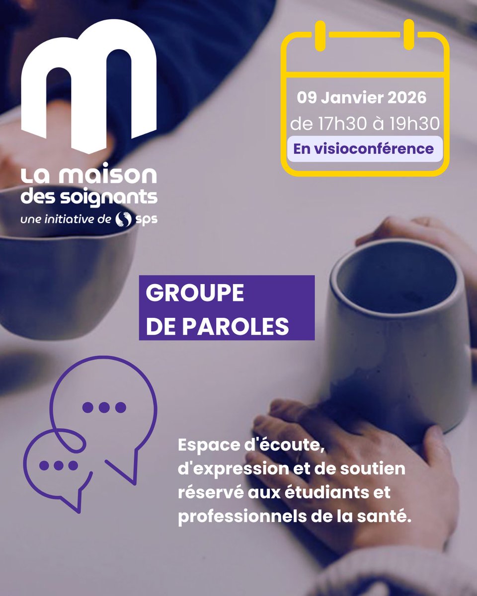 💬 Ne restez pas seul(e), participez au groupe de paroles en #visioconférence le 09 janvier 2026 de 17h30 à 19h30.
👉 lamaisondessoignants.fr/evenements/gro…

#préventionsanté #santémentale #groupedeparoles #échanges #soignants #professionnelsdesanté #santé #étudiants #étudiantsensanté #hcsmeufr