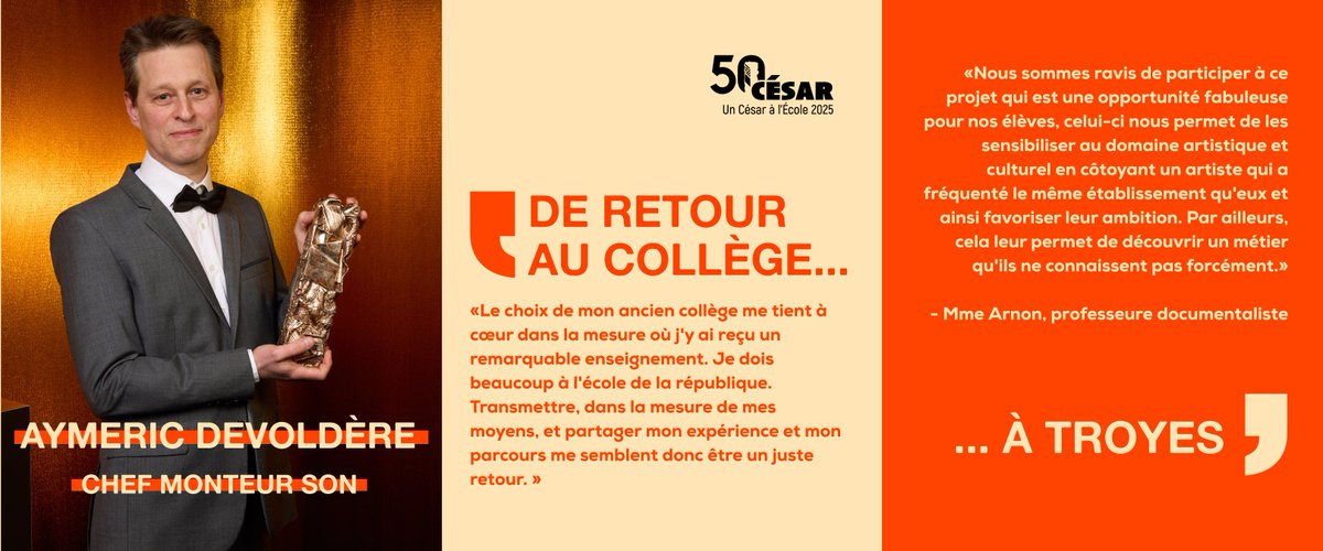 🎶Mardi 13 janvier, Aymeric Devoldère, lauréat du #César2025 du Meilleur Son pour Emilia Pérez, fera son retour dans son ancien établissement, le collège Marie Curie à Troyes (10).Chef monteur son reconnu,il a collaboré sur plus de 80 films aux côtés de réalisateurs prestigieux.
