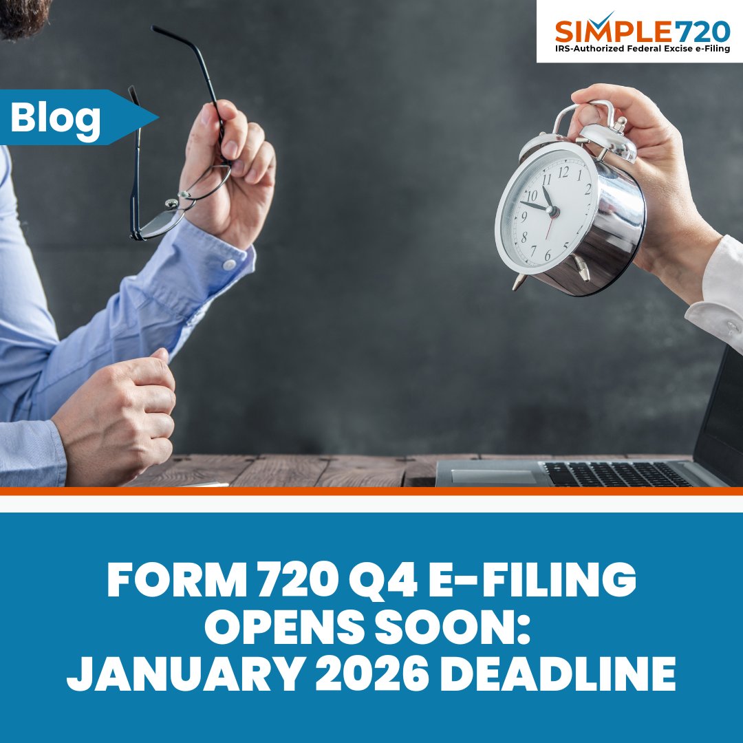 simple720online's tweet image. Do you file Form 720 for federal excise taxes? Q4 e-Filing opens soon, and missing the January 2026 deadline could mean penalties. Get prepared with our latest blog simple720.com/blog/form-720-…

#form720 #federalexcisetax #excisetax #simple720