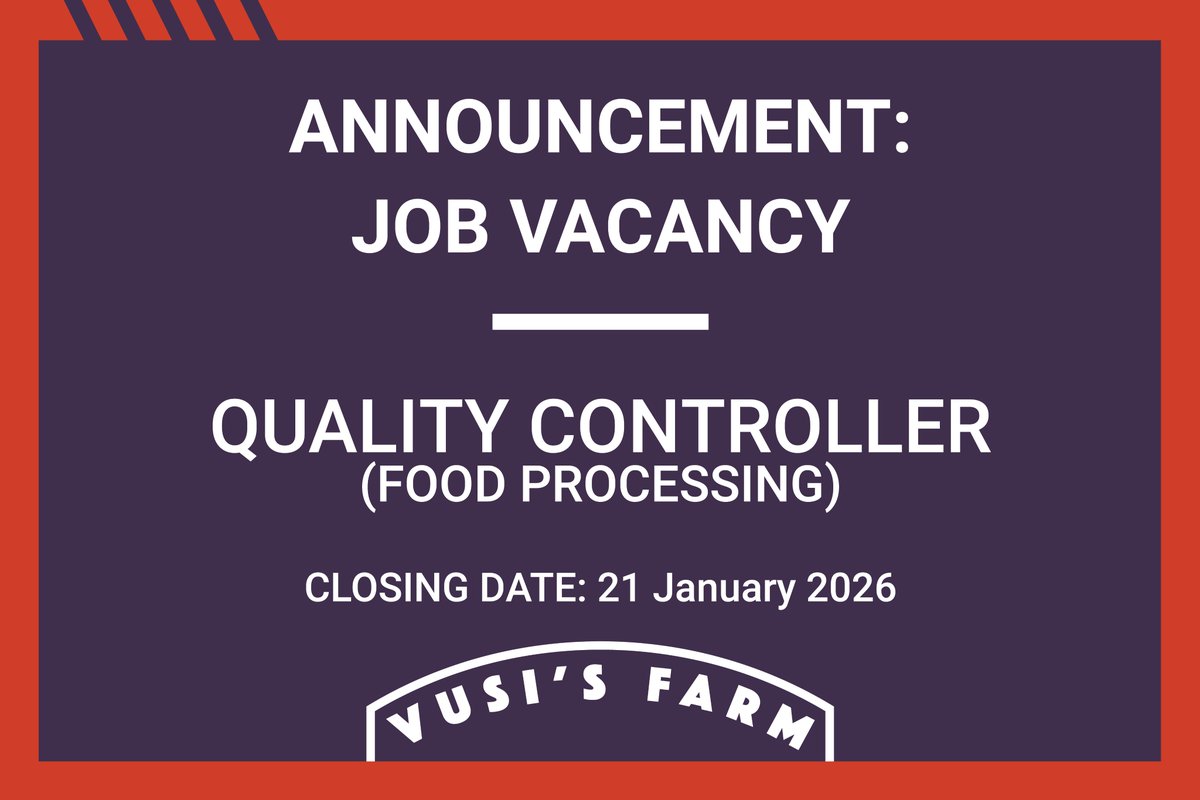 vusisfarm's tweet photo. Job Vacancy Announcement: Vusi’s Farm has an opening for a Quality Controller (Food Processing). 

Check out the link: https://t.co/R3evHYOXRu to find the full job specs and how to apply. 

Application closing date: 21 January 2026 #vusisfarm https://t.co/DCypEKFY4X