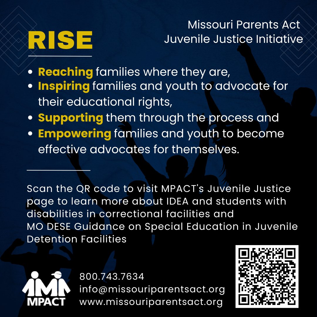 🌟 RISE: MPACT’s Juvenile Justice Initiative 🌟
We’re here to reach, inspire, support &amp; empower families + youth in advocating for their education.
Learn more: 🔗 missouriparentsact.org/mpacts-juvenil…
#MPACT #JuvenileJustice #SpecialEducation #Advocacy