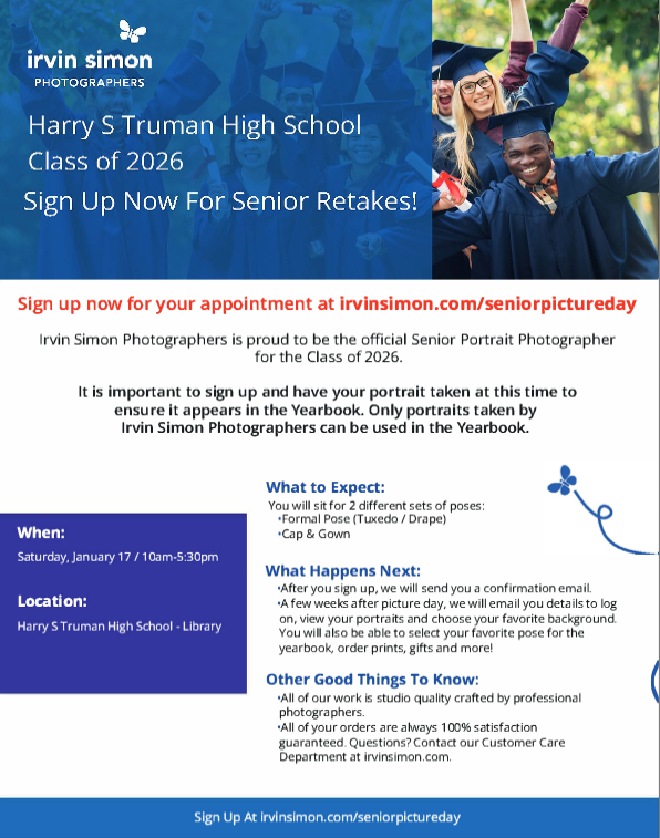 TrumanHS's tweet photo. Attention Truman Class of 2026! 🎓 Senior Portrait Retakes are happening Saturday, Jan 17, in the Library from 10 AM-5:30 PM.

Only official Irvin Simon photos can be used in the yearbook—don't miss out! 📸

Book your appointment now: https://t.co/Jd1ZZG8rkM

#HSTruman #Seniors https://t.co/U9UCUGPKqn