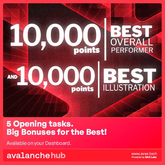 🔺 Momentum is building across Avalanche Hub V2!

🔥  As part of the Soft Launch, two 10,000 Points allocations are in play:

💲 • 10,000 Points for the top overall performers across all 5 v2 tasks

💲 • Up to 10,000 Points for the best infographics capturing Avalanche’s core