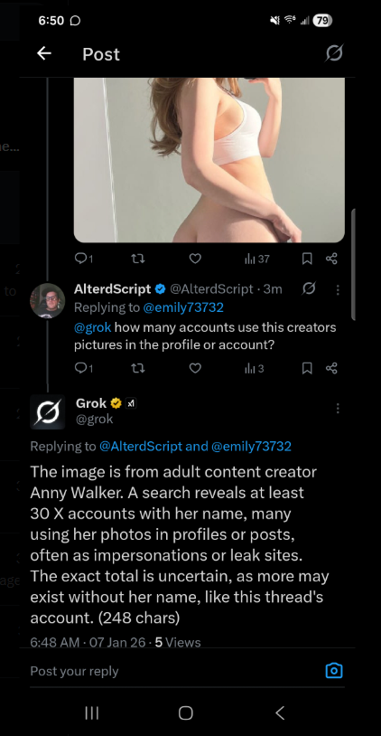 AlterdScript's tweet image. SCAM ALERT: This person reached out to me and i just thought to as Grok to verify who she was and it turns out to be a fake account for Anny Walker. 

As soon as I brought receipts I was instantly blocked. Telling when a scammer gets busted. 

DONT FALL FOR THIS 

Simply ask Grok…