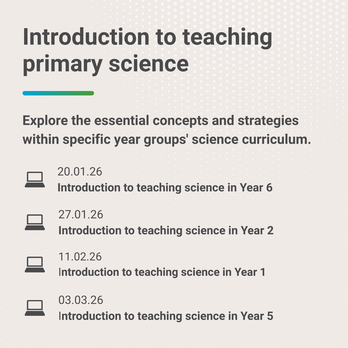🌟 New year, new you, new primary CPD courses on offer. 
 
As we settle back into work and get ready for the new year, it's the perfect time to refresh your skills.  
 
Check out some of the courses we have on offer this spring: bit.ly/4qHmLso