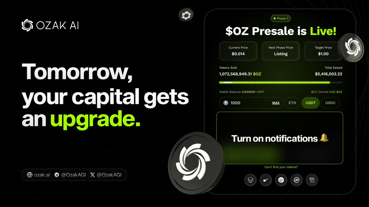OzakAGI's tweet image. Something massive is coming to the $OZ presale.

We are preparing a special event for our high-conviction holders.

Tomorrow, your capital gets an upgrade.

Turn on notifications 🔔