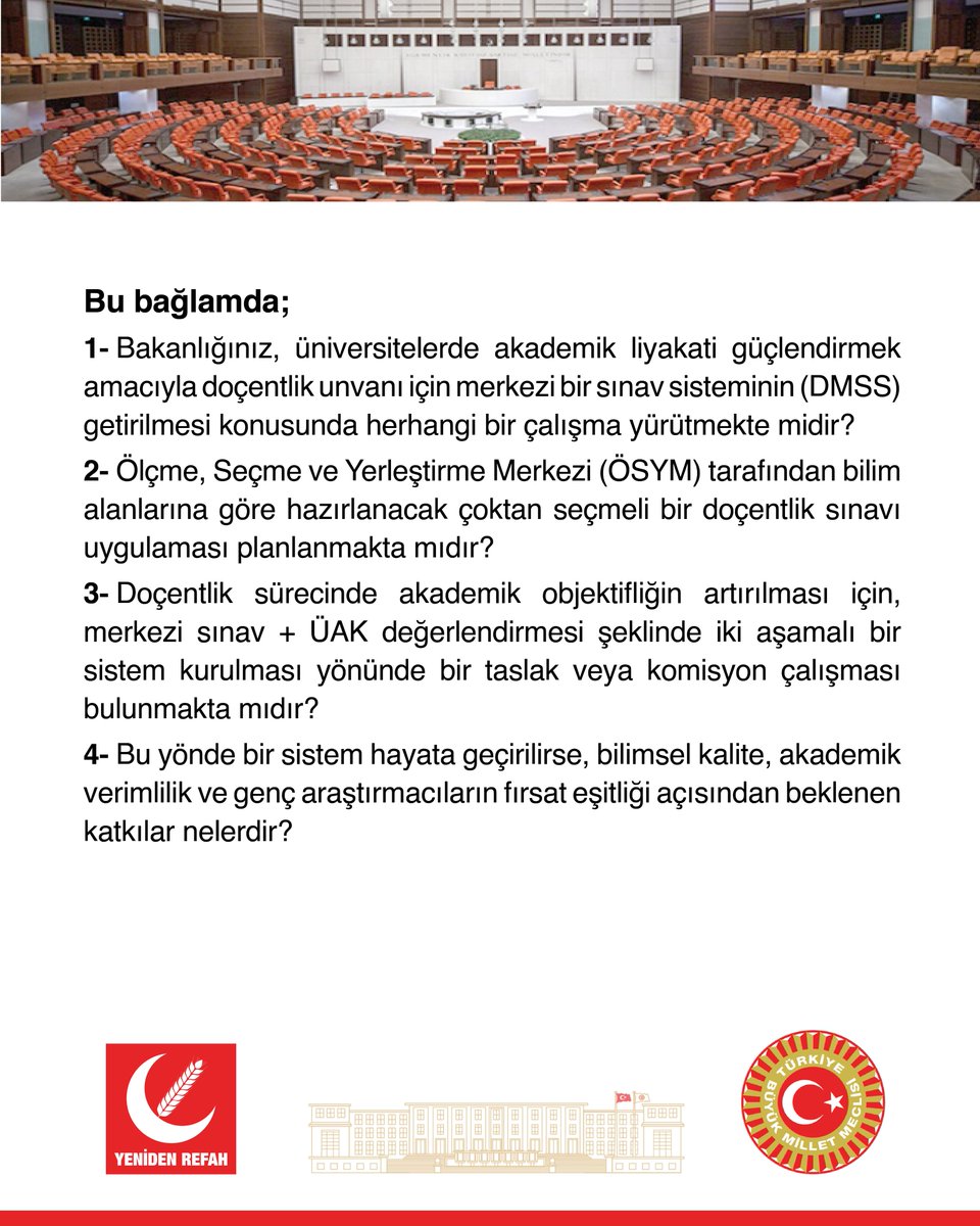 rprefahpartisi's tweet photo. Akademik liyakatin objektif kriterlerle ölçülmesi, bilimsel kalitenin ülke genelinde eşit biçimde değerlendirilmesi ve üniversitelerde nitelikli akademisyen yetiştirilmesi için, doçentlik unvanının merkezi bir sınav sistemiyle verilmesi önerilmektedir.
Ölçme, Seçme ve Yerleştirme Merkezi (ÖSYM), bugüne kadar yüksek güvenlikli sınav süreçleriyle birçok ulusal ölçekte sınavı başarıyla yürütmüş bir kurumdur. Bu nedenle, doçentlik sürecinde de ÖSYM tarafından uygulanacak bir Doçentlik Merkezi Sınav Sistemi (DMSS) modeli, sürecin hem objektifliğini hem de güvenilirliğini artıracaktır. Konu ile ilgili yazılı soru önergemiz, Konya Milletvekilimiz Ali Yüksel tarafından TBMM’ye sunulmuştur.