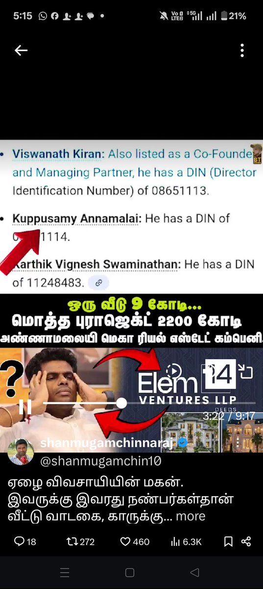 jothims's tweet photo. I have visited thousands of villages across my constituency. People like you have managed to create disturbances in barely three places  and even there I did not run away. In the age of selective editing, such distortions do not bother me. Hundreds of people present saw what truly happened and stood with me. Unlike you, I did not run away from Karur to Coimbatore.

My people have stood by me like a rock and reelected me. They know the truth, and they recognize fake propaganda when they see it. It is my duty to fight for their rights. I believe in truth and service not lies and corruption.

Let me be clear, issuing statements does not convert fiction into truth.

Some serious public questions regarding you and your families unaccountable wealth  still remain unanswered:

1. Elem14 Ventures LLP – reports refer to transactions of around ₹2,000 crore. What is the source of these funds?
 
2. Ikkarai Boluvampatti, Thondamuthur, Coimbatore – about 14 acres.
By your own admission, you paid ₹40.59 lakh as stamp duty (11% of guideline value), implying a guideline value of around ₹4 crore. It is also widely known that market value there is much higher, easily around ₹40 crore or more. Who funded the difference?

3.Sulur, Selakkarachal land (now under South Estate) in your wife’s name – widely valued at about ₹30 crore.
  
4.Coimbatore L&T bypass property – estimated around ₹25 crore.

5.Annamalaiyar Chambers/Bricks said to be worth over ₹100 crore, in the name of your brother-in-law, Mr. Sivakumar, who earlier ran only a small blue-metal quarry near my village.
A simple question arises how did this massive asset growth occur while you served as BJP State President, without ever being elected to public office?

You have publicly claimed that even your personal expenses are met by friends because you cannot afford them. Then from where did the investments for these properties and businesses arise?

Instead of answering these questions, you target me and spread fake news  because you do not understand the pain of MGNREGA workers or our campaign to protect their right to work.

I have witnessed many such propaganda attempts over 30 years in public life. I will continue to meet people directly and speak the truth. 

So please, do not throw stones while living in a glass house.