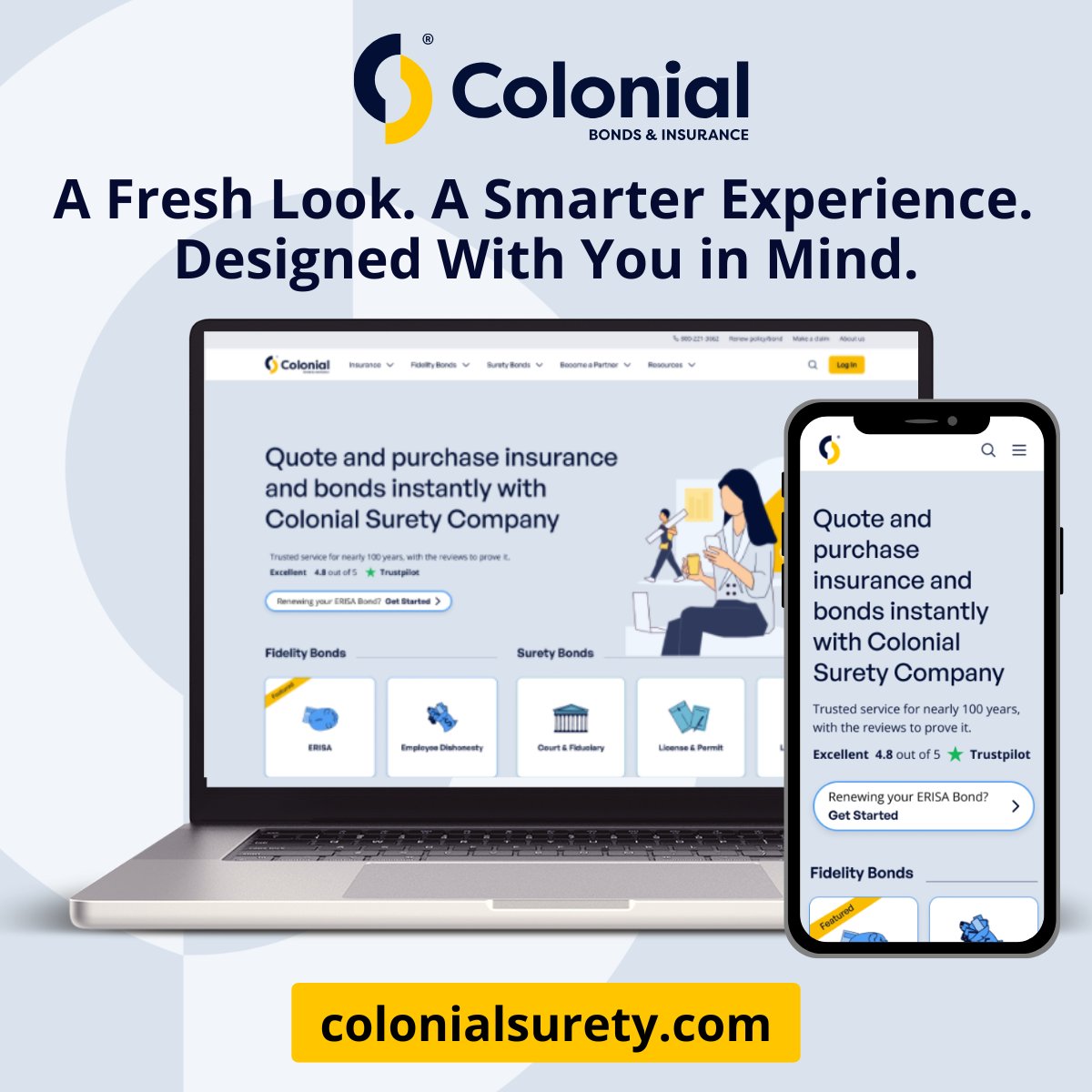 ColonialSurety's tweet image. Experience the future of digital insurance and bonding at the newly refreshed colonialsurety.com. 🎉

It features a modern design, a smarter user experience, and faster access to ERISA fidelity bonds, surety bonds, and our newly expanded liability insurance products.