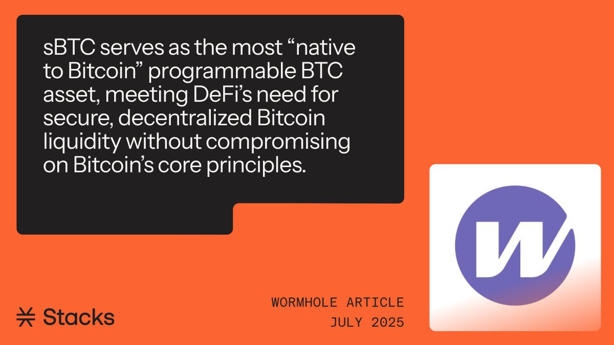 Stacks's tweet image. sBTC is coming to @Wormhole, which means it's coming to Solana, Ethereum, Sui and more.

Once live, sBTC will be positioned as a Bitcoin liquidity aggregation layer, serving as a Bitcoin-native programmable asset without compromising on Bitcoin's core principles.