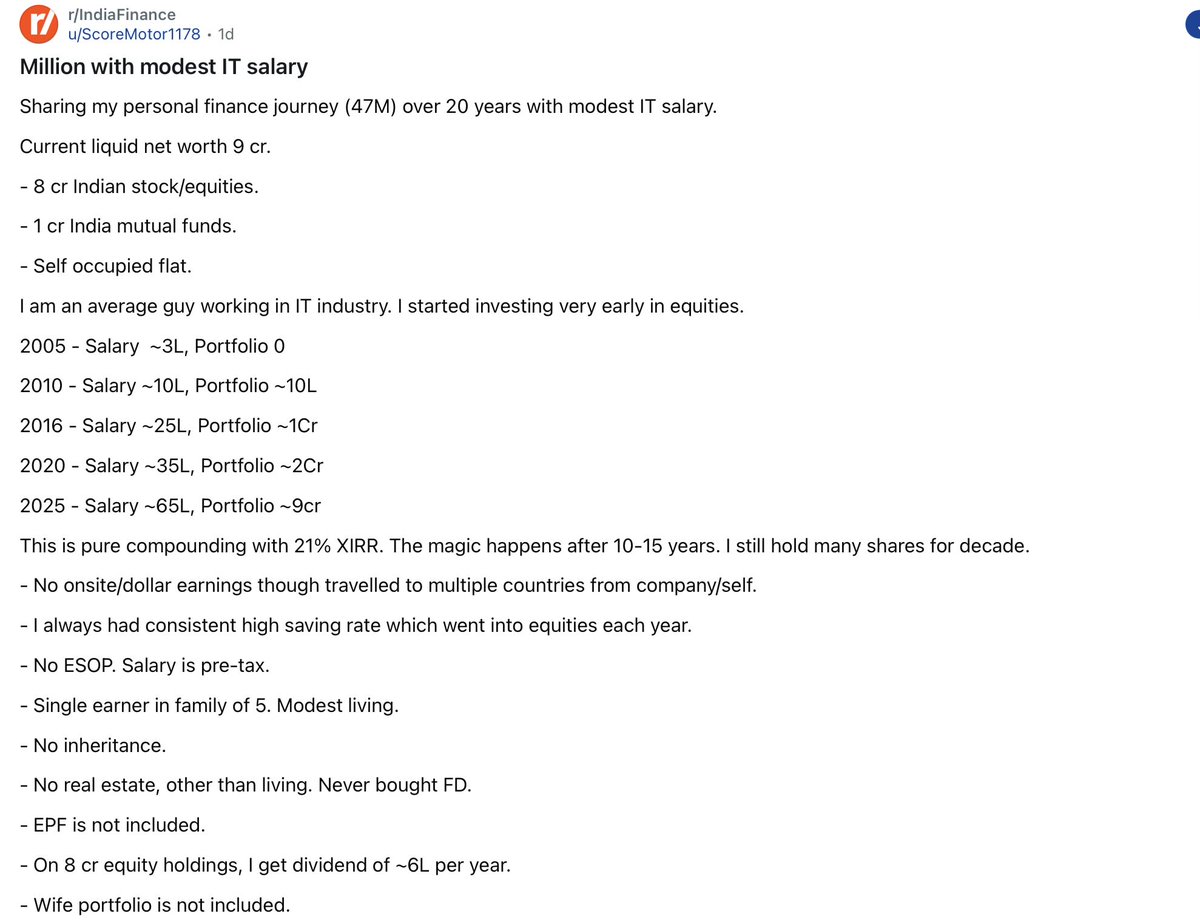 3 lakh salary in 2005.

5 dependents. Simple salary till date.

Today networth 9 crore.
In 10 years, he should reach 50 crore networth easy peasy.

He is just an average guy. Look at his salary and growth.
Not a vice president or a CEO.