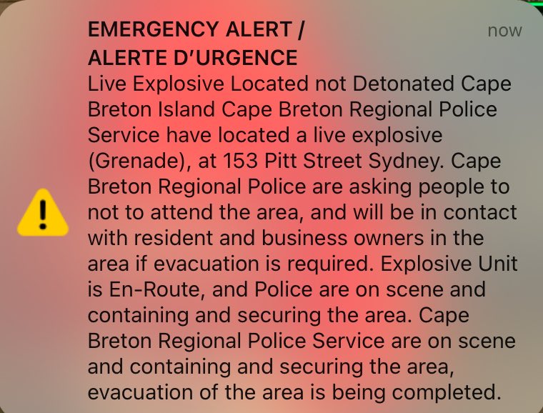 KyleMooreCB's tweet photo. Cape Breton Regional Police are asking the public to stay away from the Pitt Street area of Sydney where a live explosive was located this morning.

Officers are awaiting arrival of Military personnel and the Explosive Disposal Unit for further assistance. https://t.co/RK5wWDeJG3