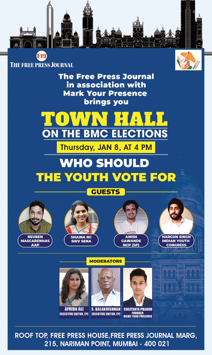 Who should the youth vote for? 🗳️

Join us for "Town Hall on the BMC Elections" and hear diverse political voices share their perspectives an engage in an important conversation for young voters. Featuring <a href="/rubenmasc/">Ruben Mascarenhas</a> <a href="/ShainaNC/">Shaina Chudasama Munot</a> <a href="/anishgawande/">Anish Gawande</a> <a href="/hargunspeaks/">Hargun Singh</a>. followed by our