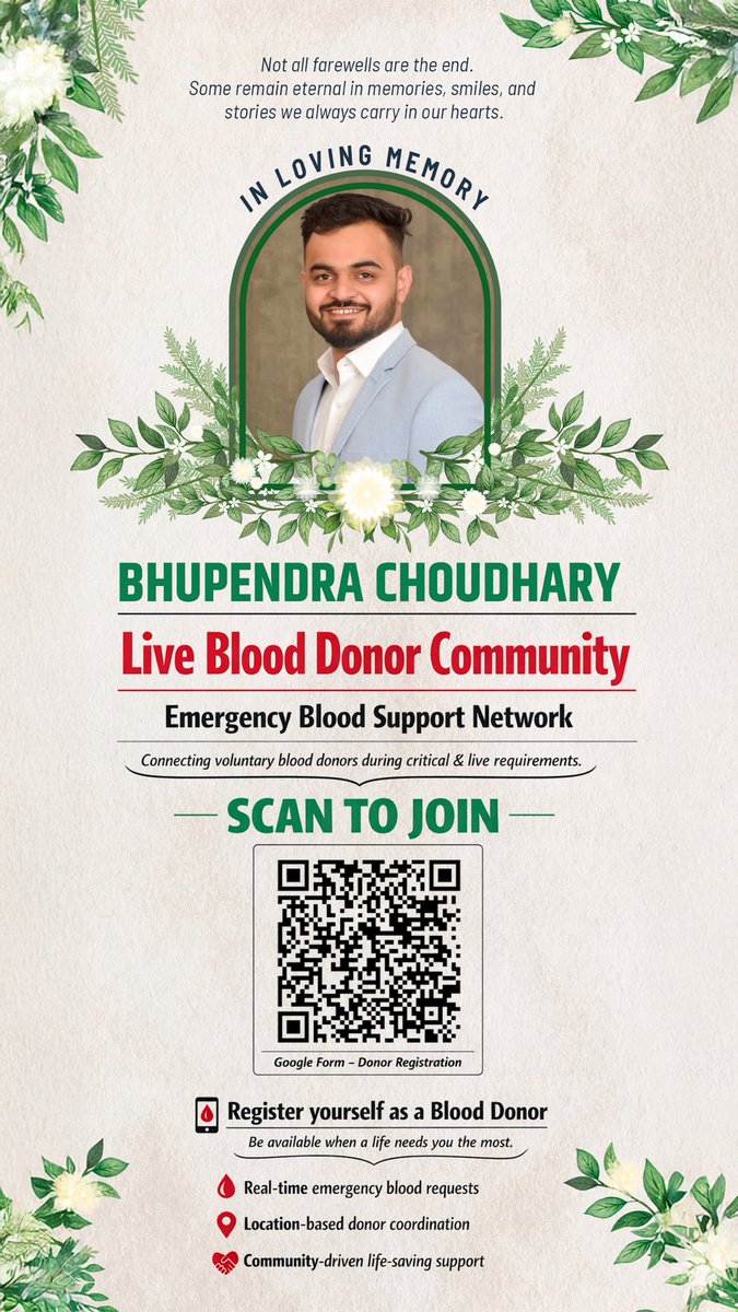 memorialbhupsa's tweet photo. *Register to add yourself as a Blood Donor 🩸❤️*

*One form | One decision |One life saved*

By registering, you become part of the Bhupendra Choudhary Live Blood Donor Community — a network built on humanity, trust, and timely help. https://t.co/I92pclJA1N