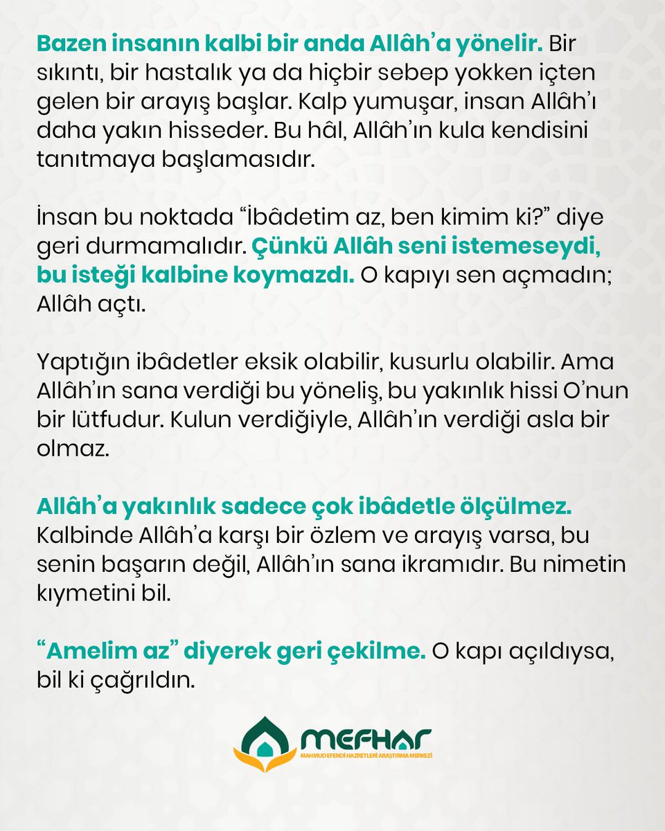 mefhar_'s tweet photo. 📌 Hikem-i Atâiyye (Hikmet-8)

“Allâh seni Kendini tanımaya yönelten bir kapı açtıysa, ibâdetinin azlığına üzülme. Çünkü O, bu kapıyı sana ancak seni tanımak istediği için açmıştır. Bilmez misin ki Allâh’ı tanıman, O’nun sana verdiği bir hediyedir...” https://t.co/hXJY6MSYDx