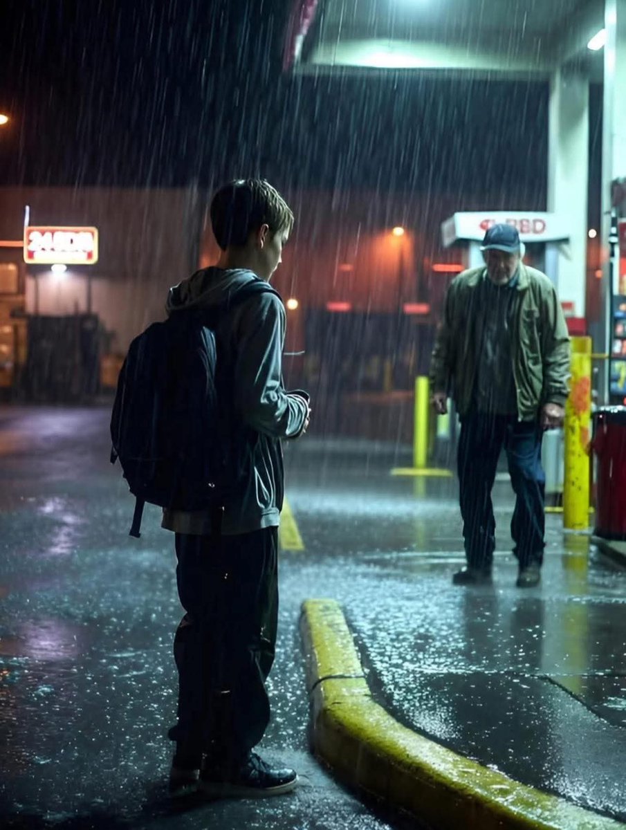 I almost called the police that night. That’s the instinct when you see a seven-year-old boy sitting alone on a curb at 8:00 p.m. soaked by freezing rain, no adult in sight, clutching a backpack like it’s the only thing keeping him upright.

I was pumping gas at a rundown station