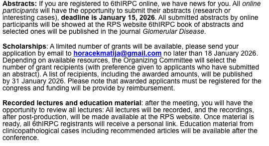 kidneypathology's tweet photo. Excellent news from 6thIRPC: Abstracts, Scholarships and recorded lectures..
https://t.co/DFi5ujMkDG https://t.co/nZPCKkEC5a
