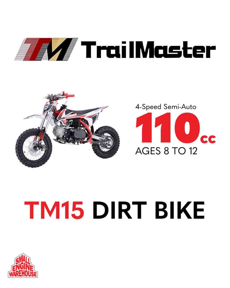 SmallEngineSEW's tweet image. The Trail Master TM15 packs a 110cc engine and hits speeds up to 45 mph. Find it on our website or call to order with a member of our sales team.

#dirtbikes #trailmaster #powersports #smallenginewarehouse