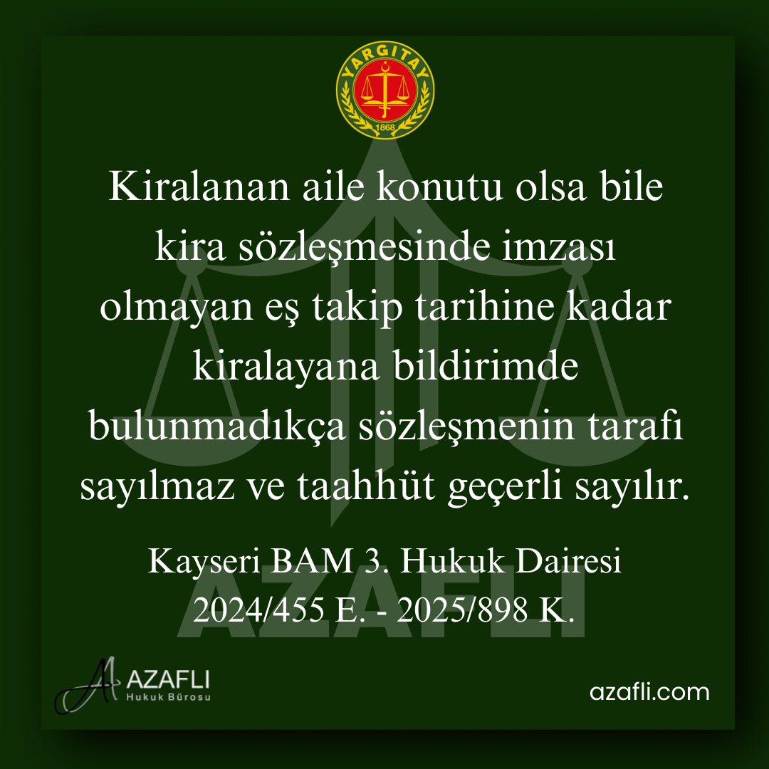 Kiralanan aile konutu olsa bile kira sözleşmesinde imzası olmayan eş takip tarihine kadar kiralayana bildirimde bulunmadıkça sözleşmenin tarafı sayılmaz ve taahhüt geçerli sayılır.

Kayseri BAM 3. Hukuk Dairesi
2024/455 E. - 2025/898 K.
#hukuk #yargıtay #emsal #kira #güncel