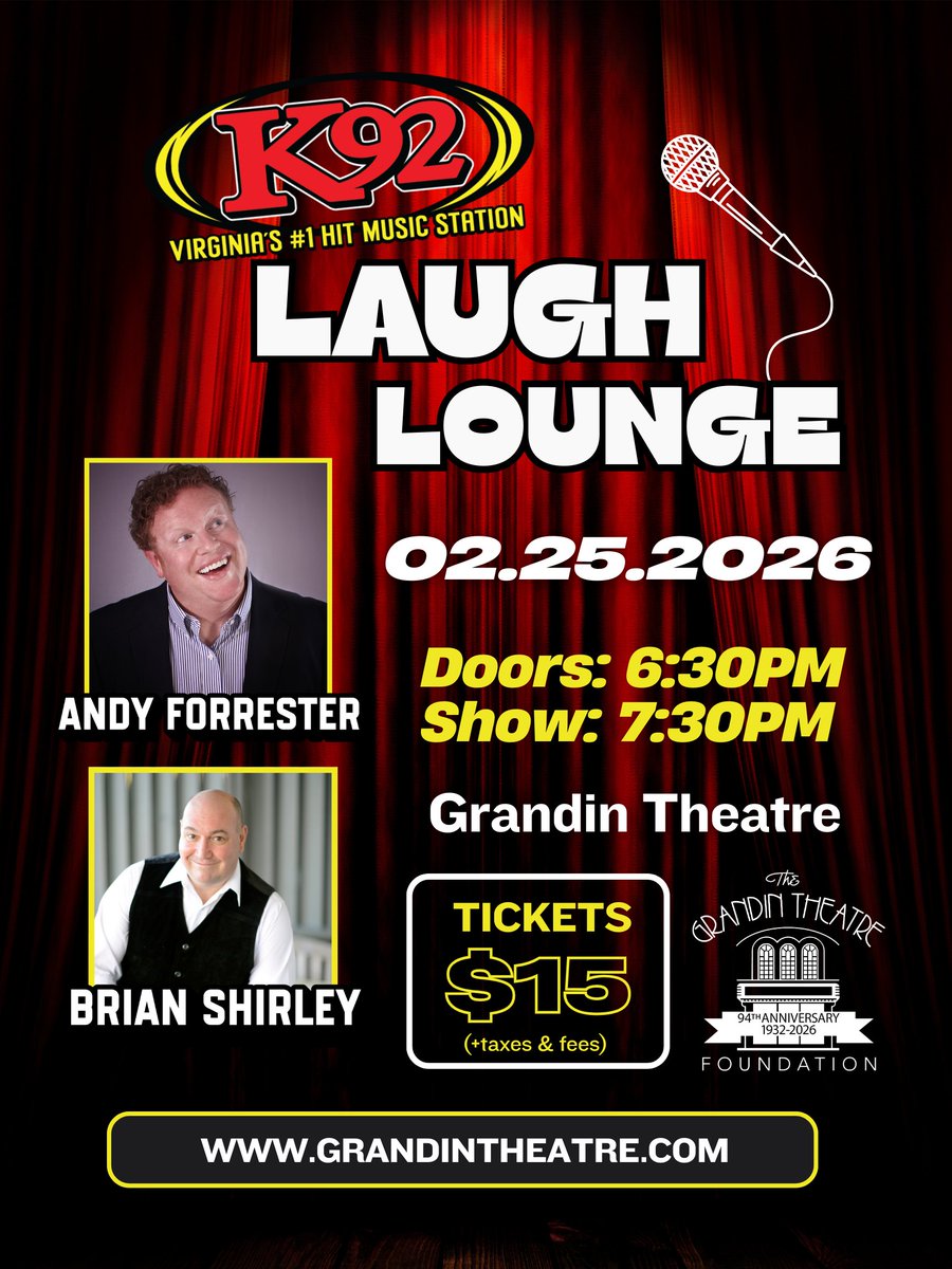 Mark your calendars for Wednesday, February 25, as the K92 Laugh Lounge returns to The Grandin Theatre!!!🤣

We are excited to welcome comedians Brian Shirley and Andy Forrester to the stage for a night of laughs! Doors open at 6:30 PM!

Tickets 🎟️: grandintheatre.com/shows/k92-laug…