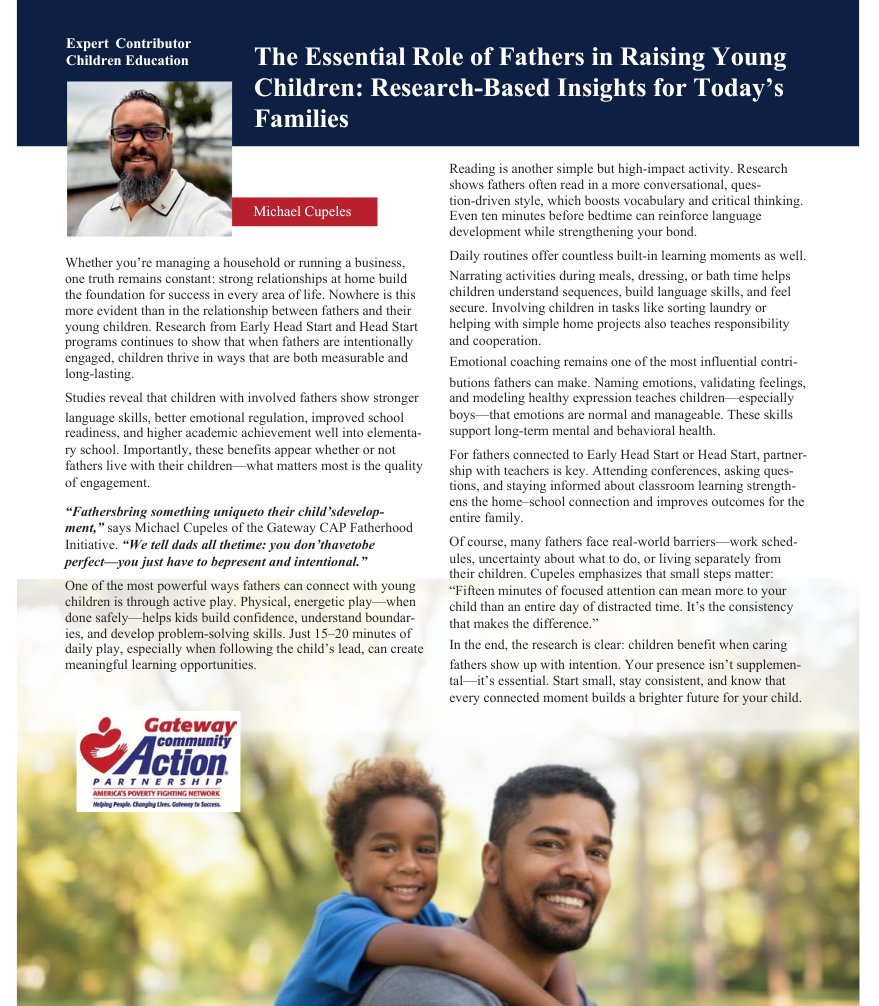 Gateway's expertise in the role of fathers was recently featured in Our Town magazine. For more information  about Gateway's Male Initiative Program, please see gatewaycap.org/maleinitiative